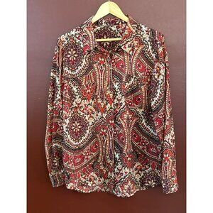 Jones New York Women's Red Brown Bohemian Floral 1960s Style Blouse Button Down